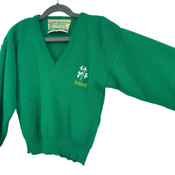 Traditional Craft Irish V Neck Sweater Kids 7-8 Celtic St Pattys Day Green - Picture 4 of 12